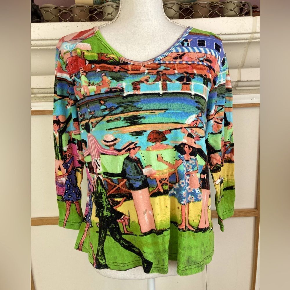 Vintage 80s Orientique Australia Colorful people and Dog print Women's Top